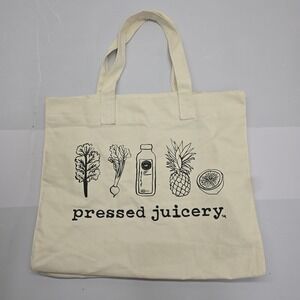 Pressed Juicery Canvas Tote Bag Cream Black Graphic Fruit Vegetable Market Bag